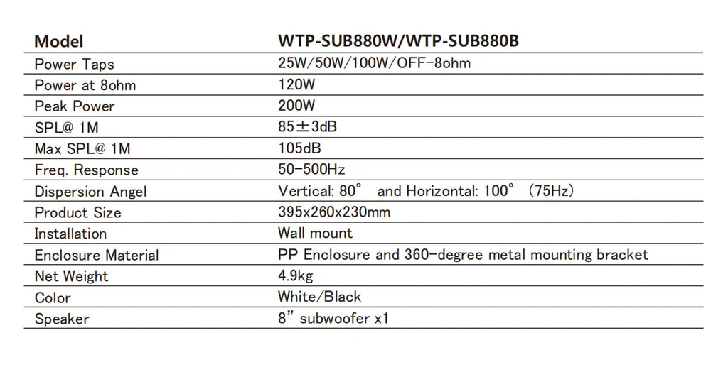 V Indoor Wall Mount Subwoofer With 8 Inch Driver Low Pass Filter 100V Line 360 Degree Bracket PP Housing Commercial Bass Speaker